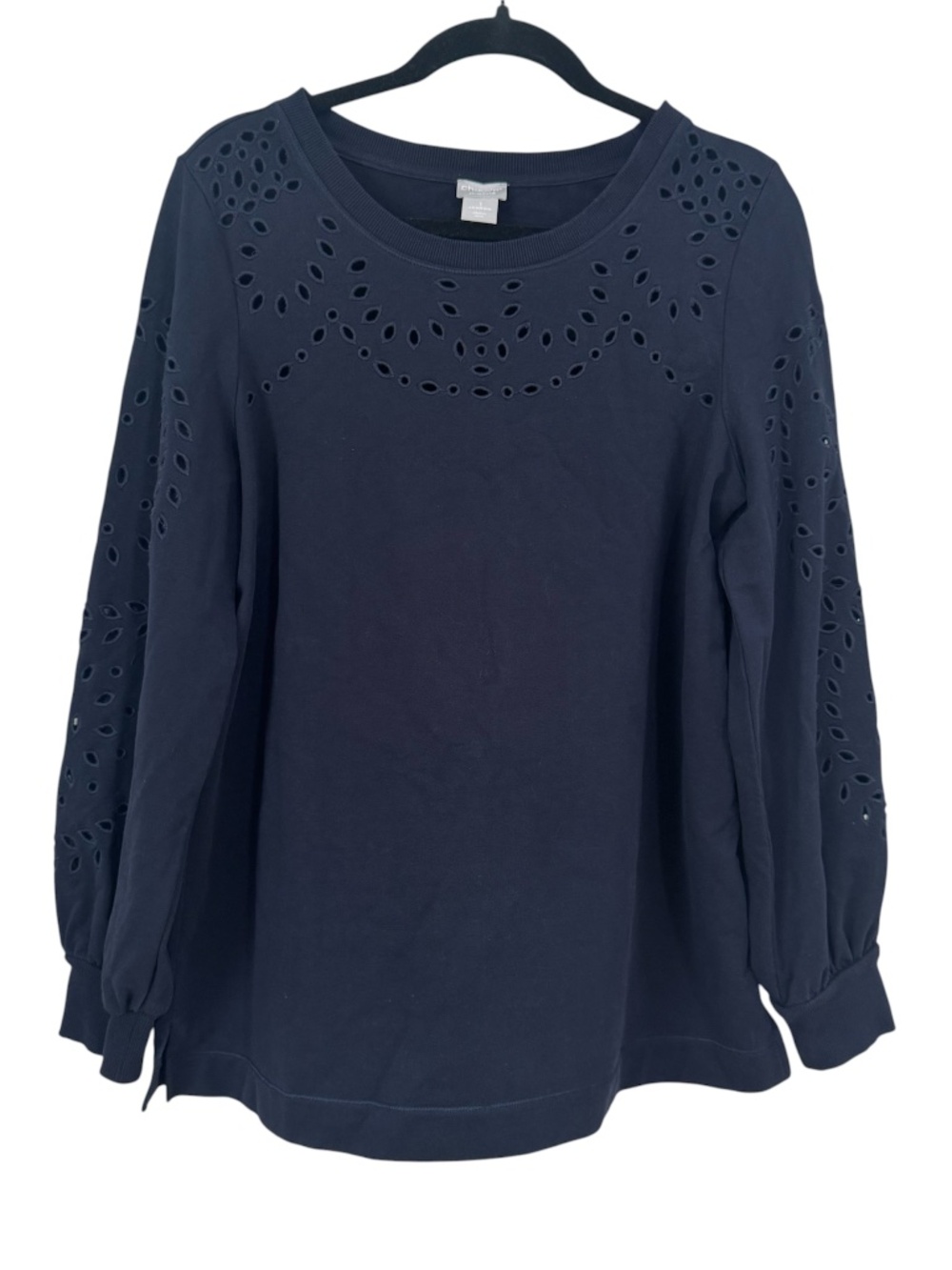 Chico's Zenergy Women's Long Sleeve Navy Blue Eyelet Blouse Sz 1 (8/10) GUC